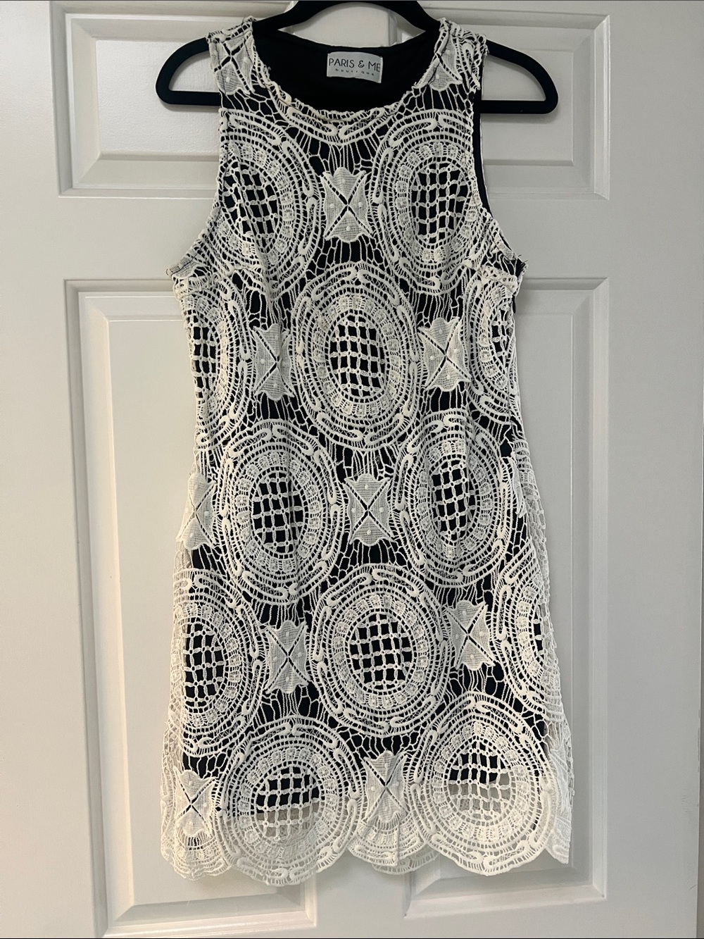 Black Mini Dress with White Crochet Overlay